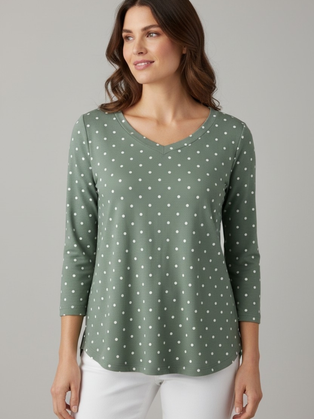 J. Jill Pima Three Quarter Sleeve Teal Green Polka Dot V-Neck Long Sleeve Top